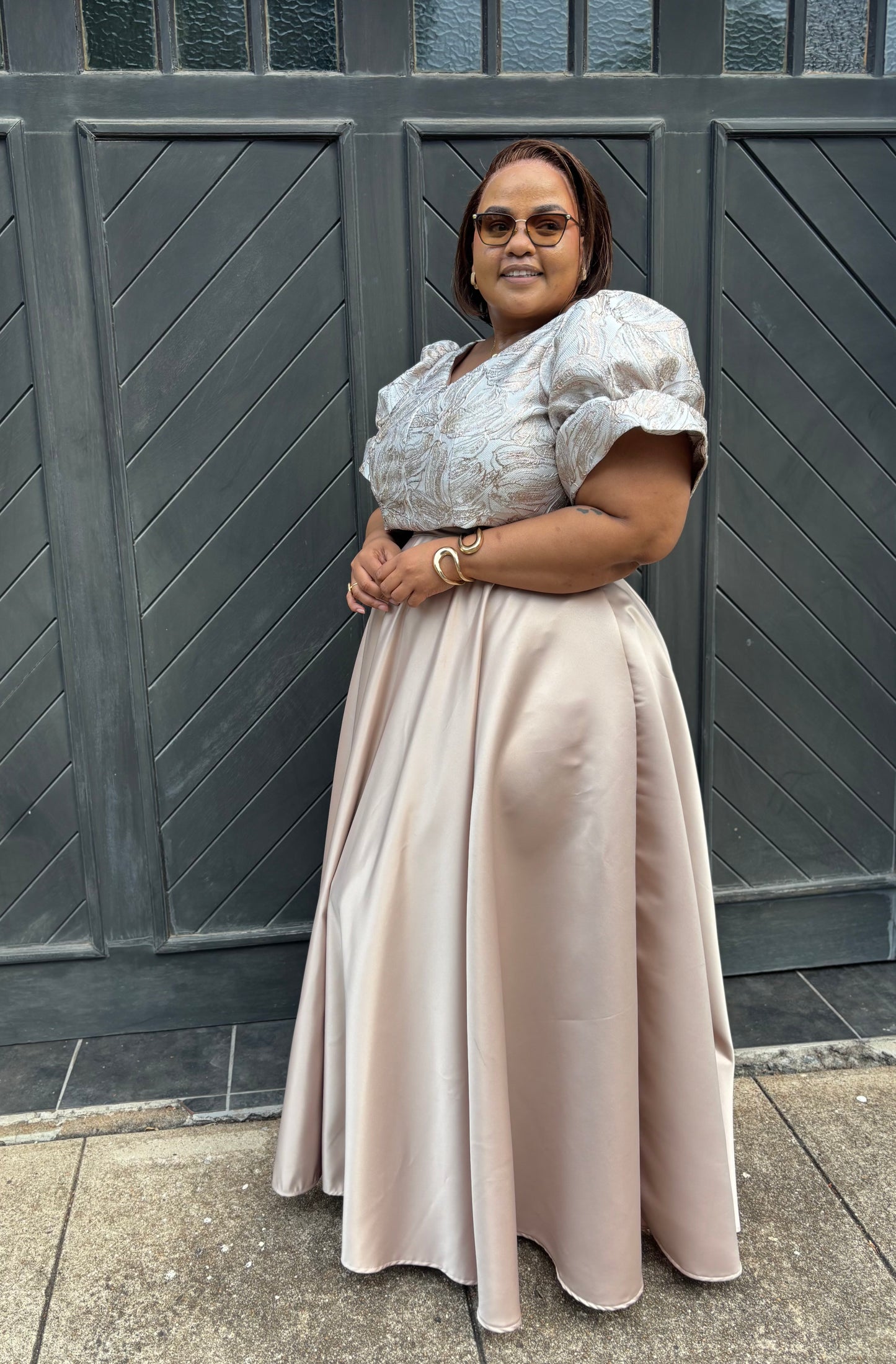 Nude maxi skirt and brocade crop top (please allow 7-10 days for completion of order)
