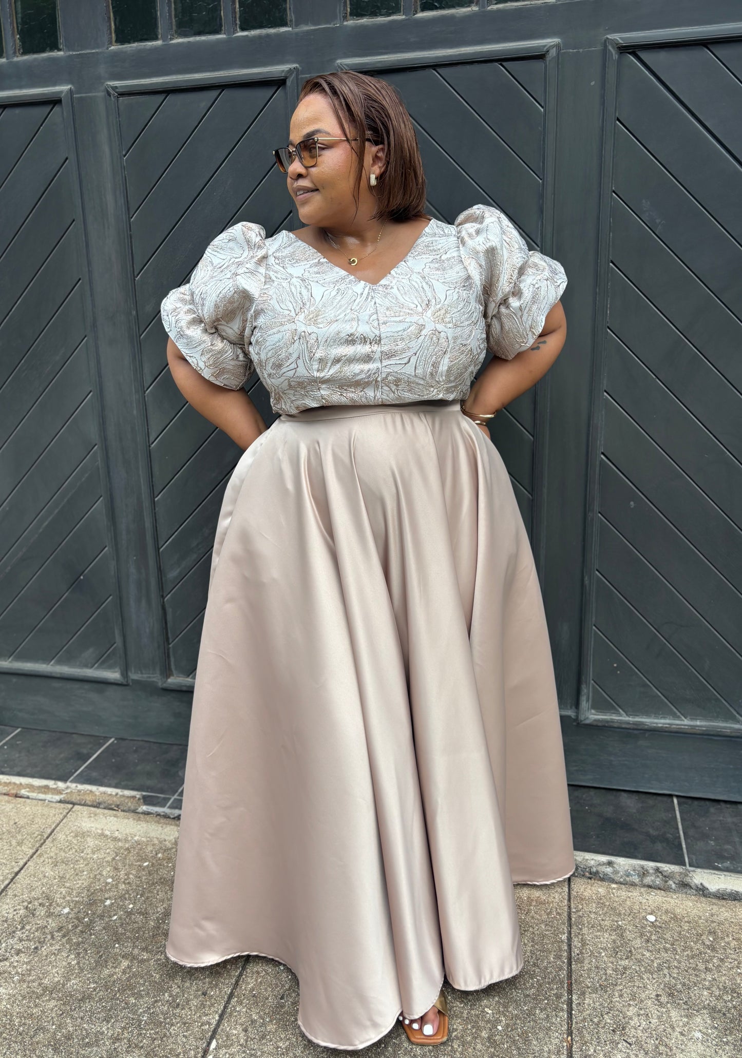 Nude maxi skirt and brocade crop top (please allow 7-10 days for completion of order)