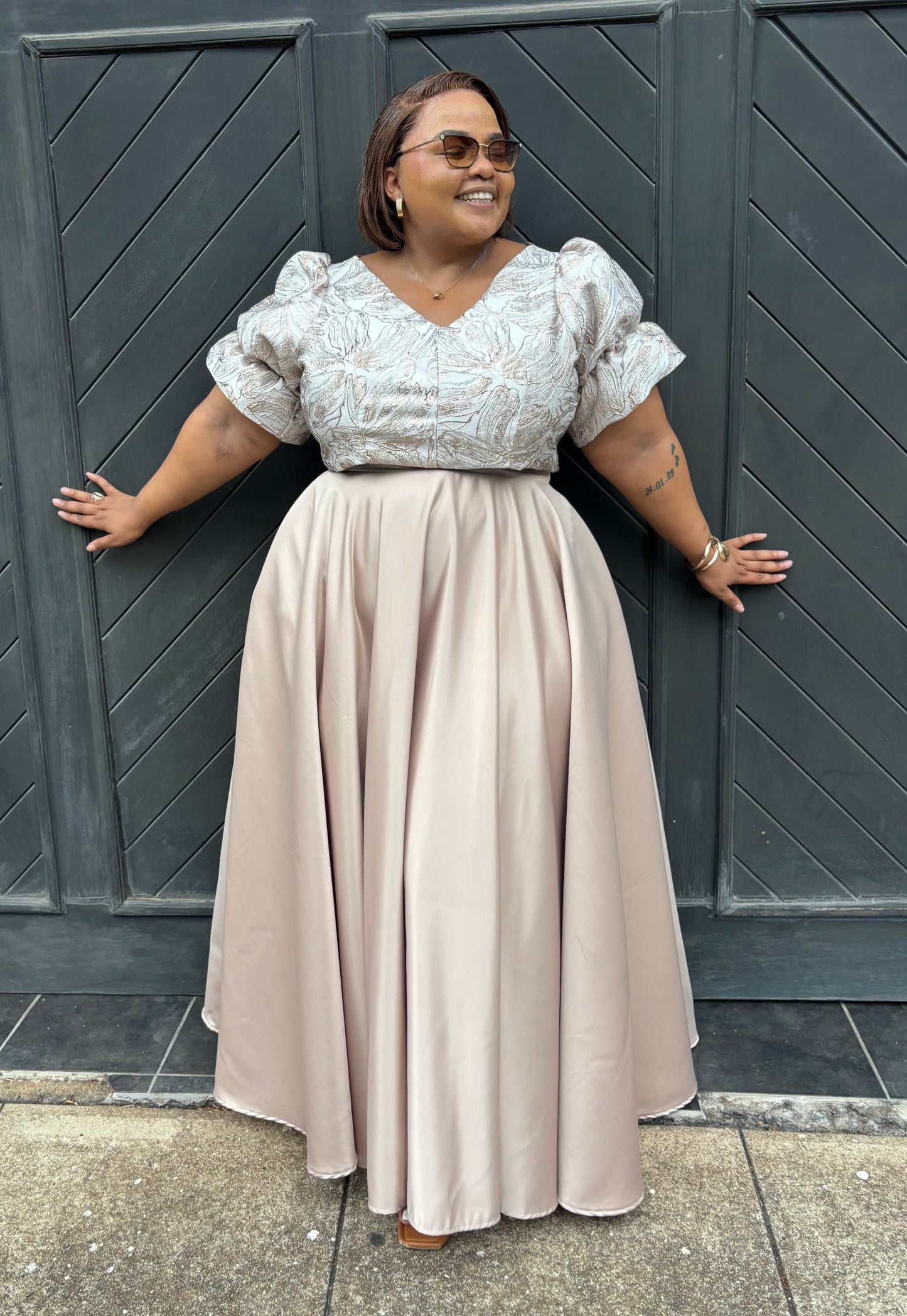 Nude maxi skirt and brocade crop top (please allow 7-10 days for completion of order)